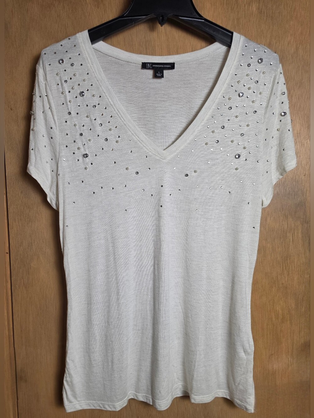 INC International Concepts White V-Neck Embellished Pearls Short Sleeve Top Lg